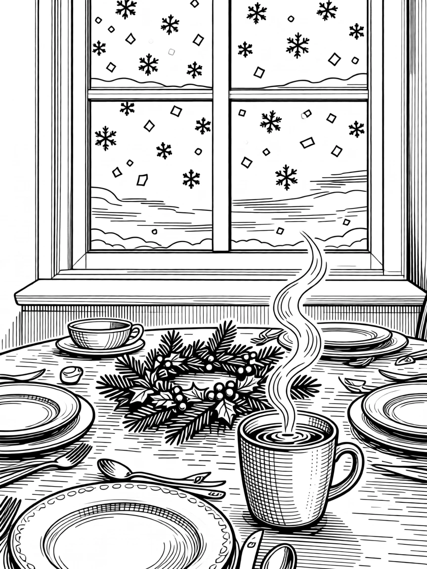 A table set for a festive holiday feast while gentle snowflakes drift past a window, with a steaming mug of cocoa resting nearby, capturing a peacefully magical seasonal moment.