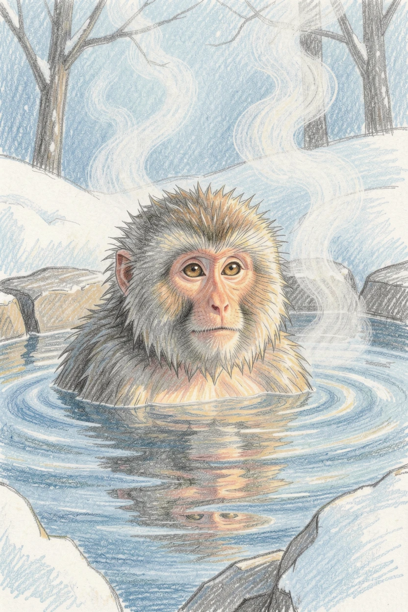 A snow monkey soaking in a steaming hot spring in winter, with soft, natural light bringing warmth to every detail, celebrating a moment people would love to revisit.