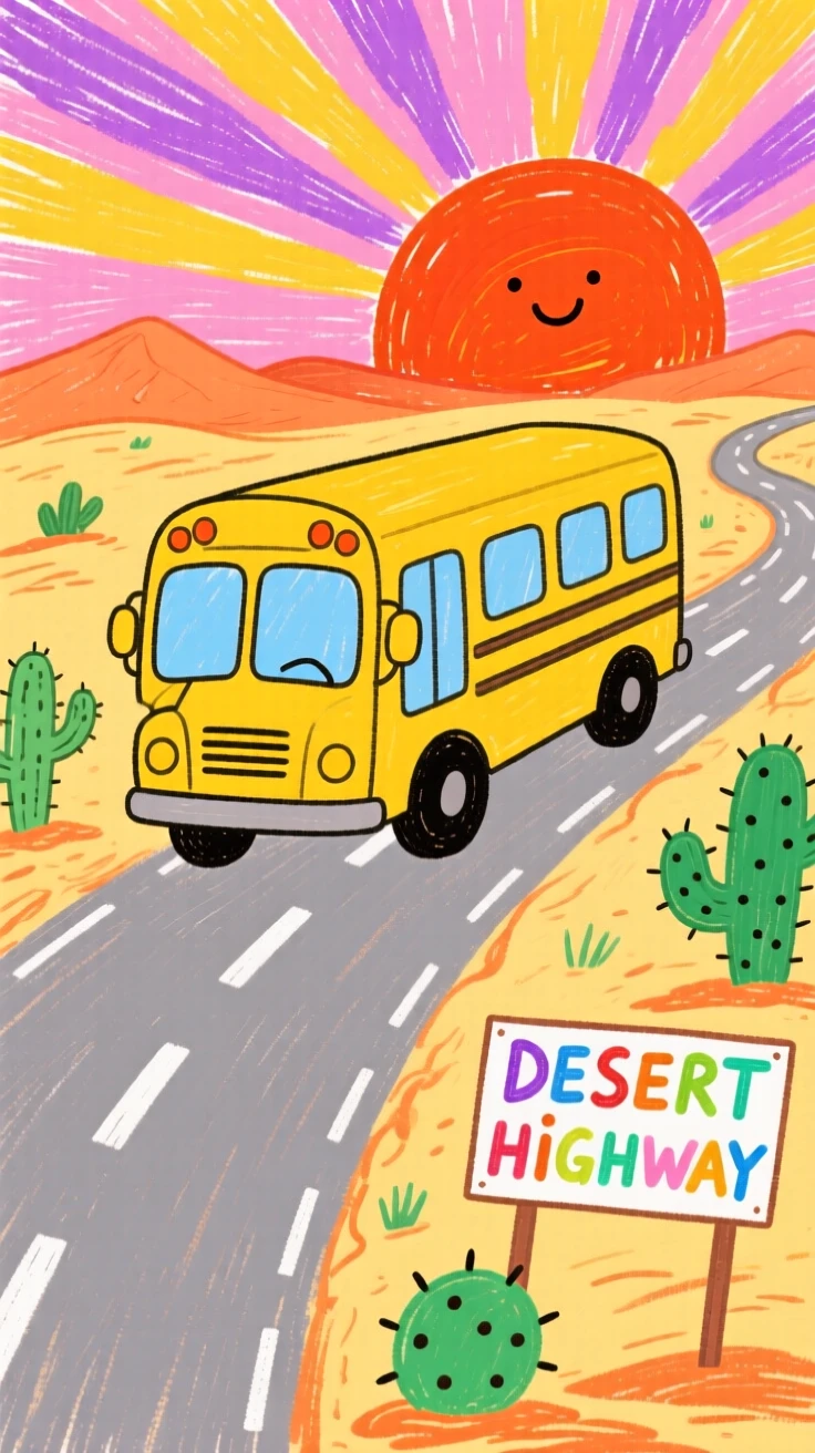 A big yellow school bus racing along a desert highway at sunrise.
