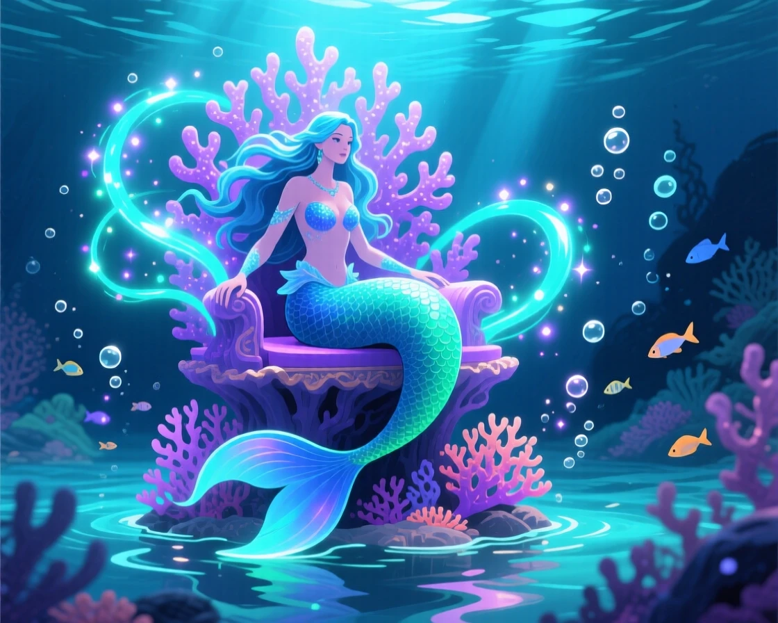 A mermaid perched on a glowing coral throne beneath the sea, surrounded by swirling magical energy and sparkling light, arranged with dramatic lighting emphasizing the magical elements, with subtle magical particles drifting through the air.