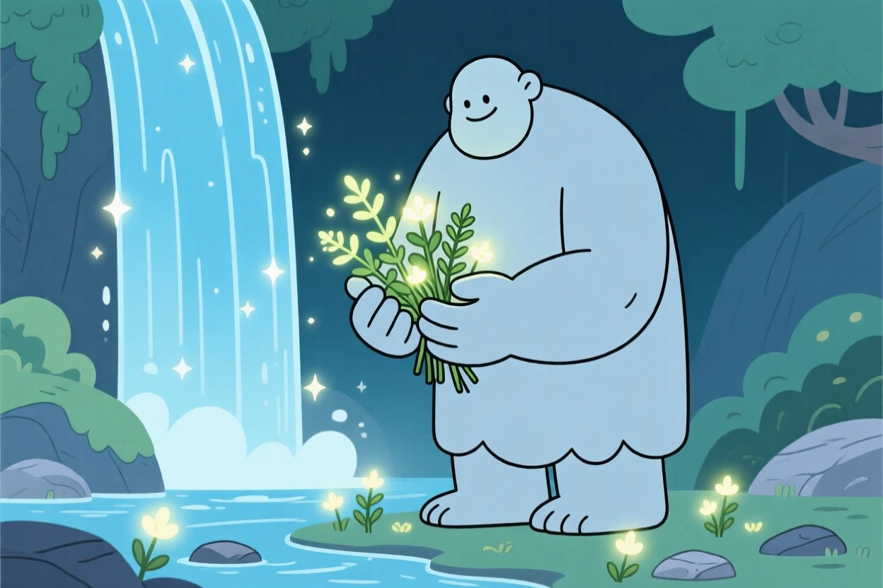 A gentle giant gathering glowing herbs near an enchanted waterfall.
