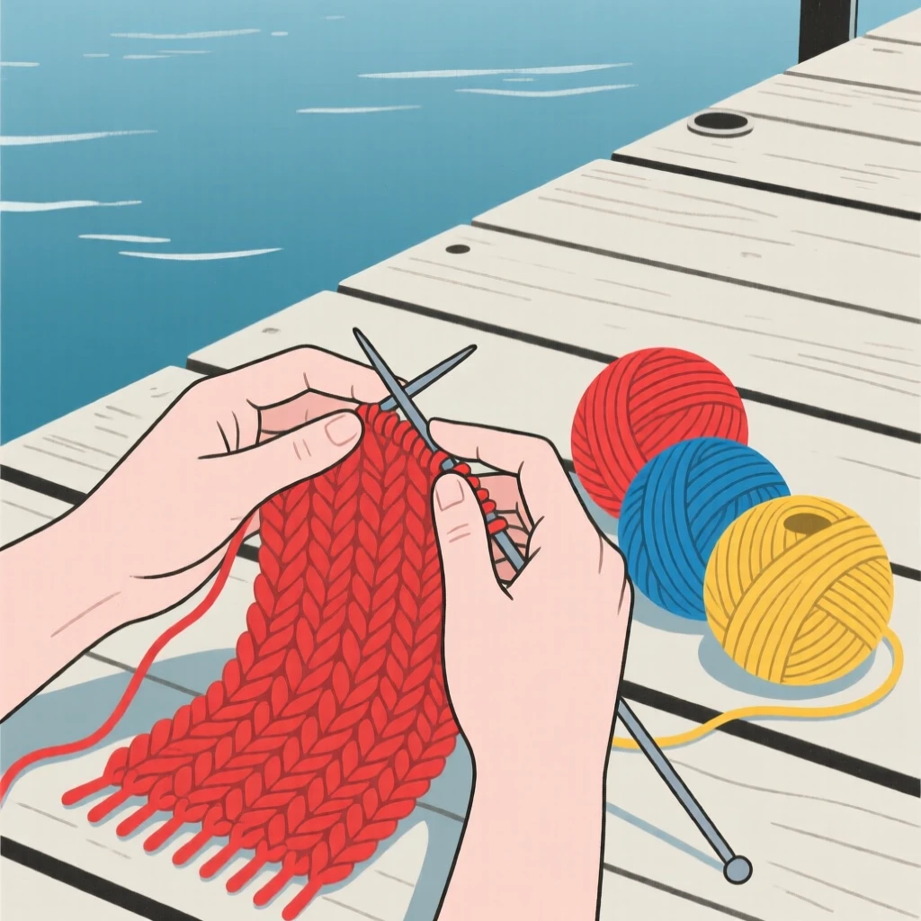 A close view of hands knitting a scarf near balls of colorful yarn in a lakeside dock, full of quiet satisfaction.