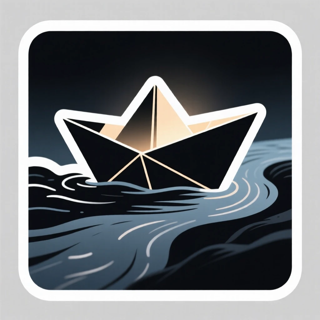 A calmly strong scene of a paper boat sailing bravely down a stream, glowing softly against a dark background, marking the start of something meaningful.
