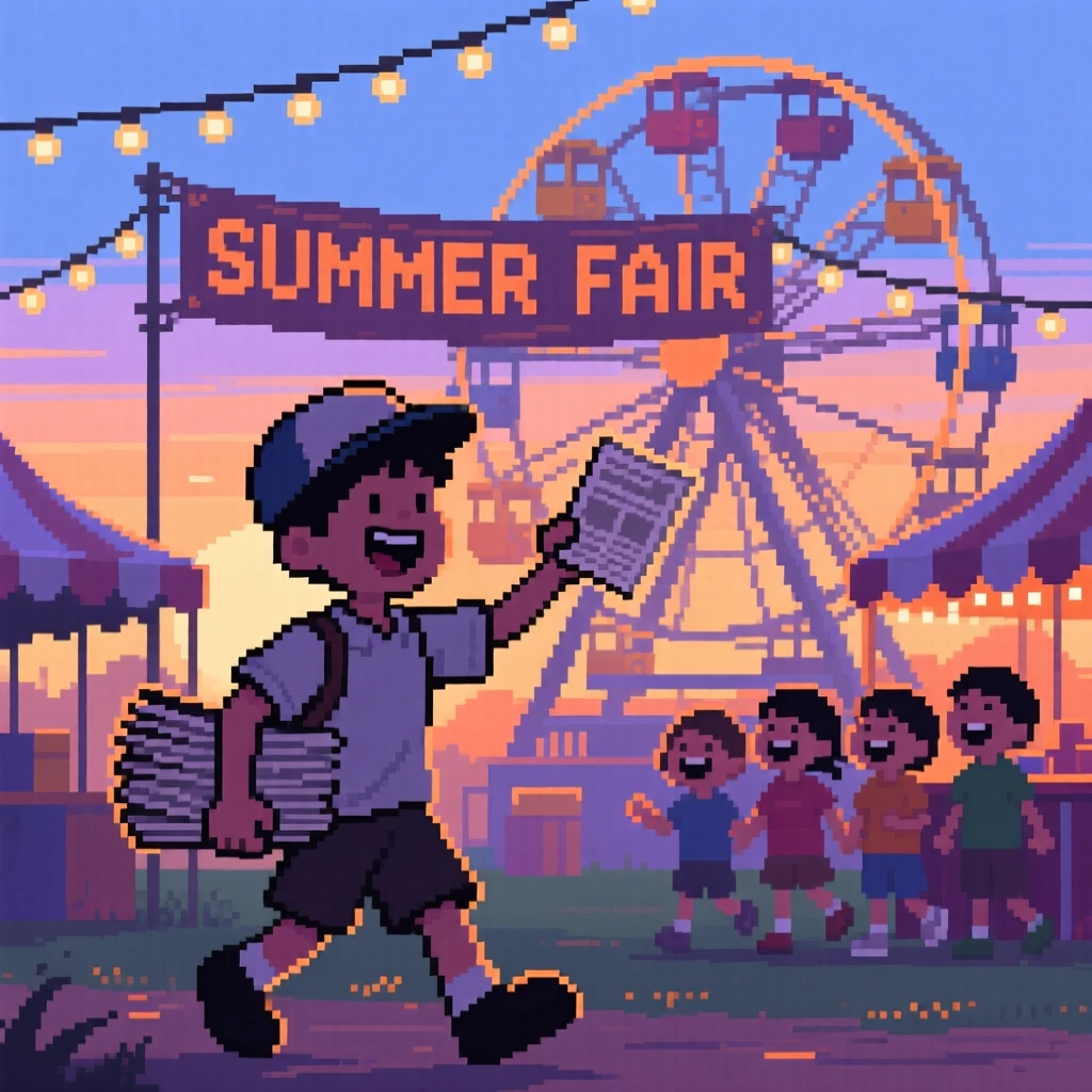 A paperboy delivering newspapers at dawn laughing together on a warm summer evening, at a small-town fair with a ferris wheel.