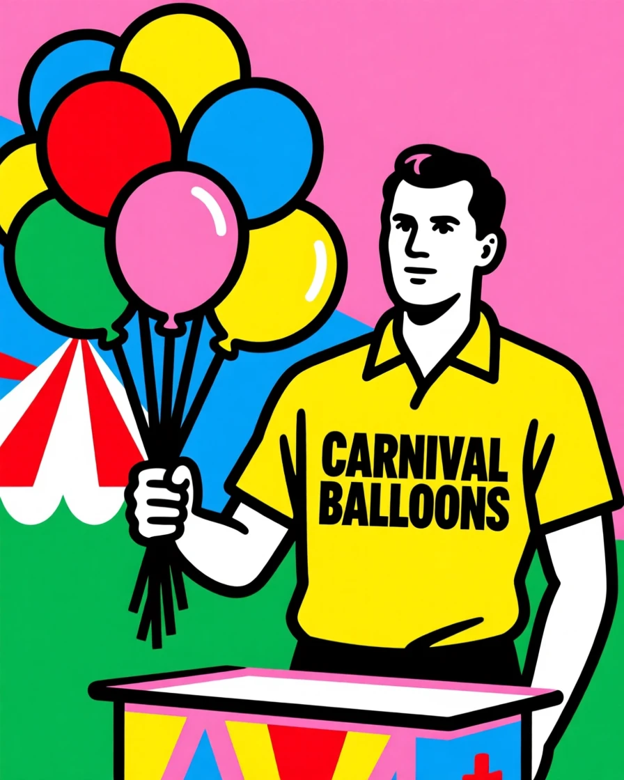 Retro carnival balloon vendor with a bouquet of balloons