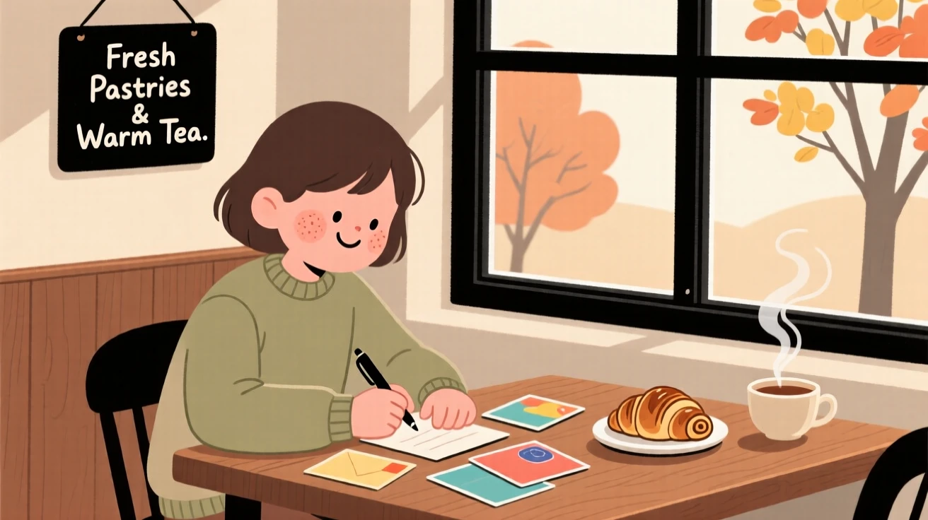 A student sits by the window of a small tea house, writing postcards as the smell of warm pastries fills the air.