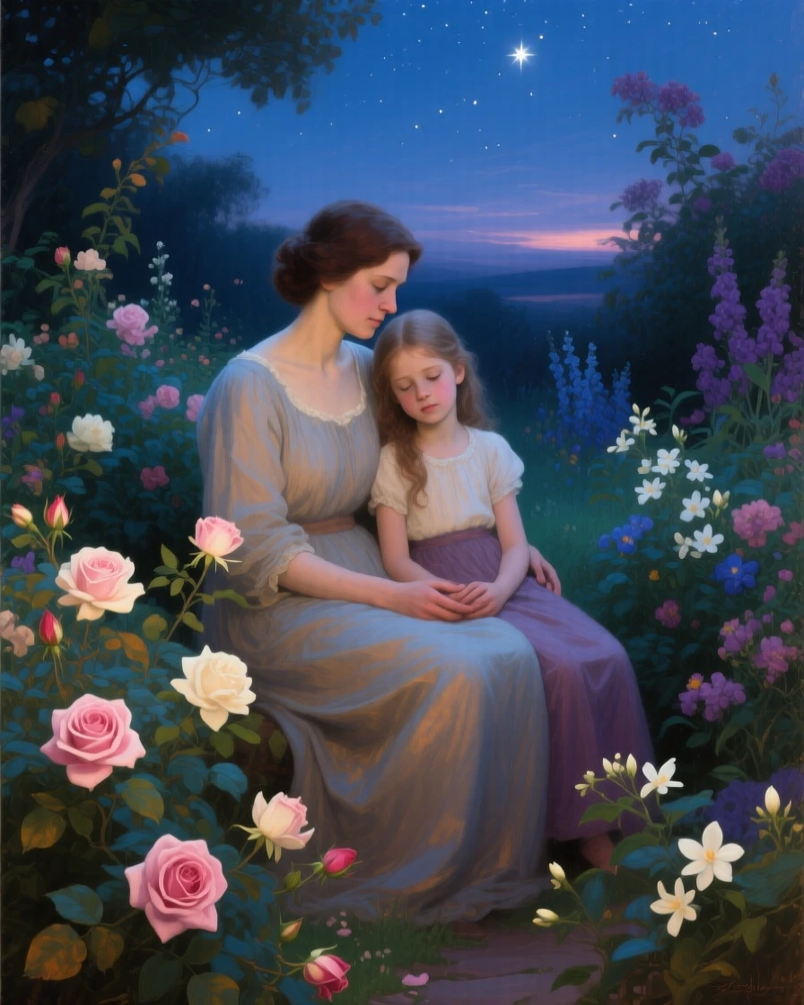 A centered composition of a mother and her daughter in a fragrant flower garden, lost in thoughtful reflection, under the night sky.