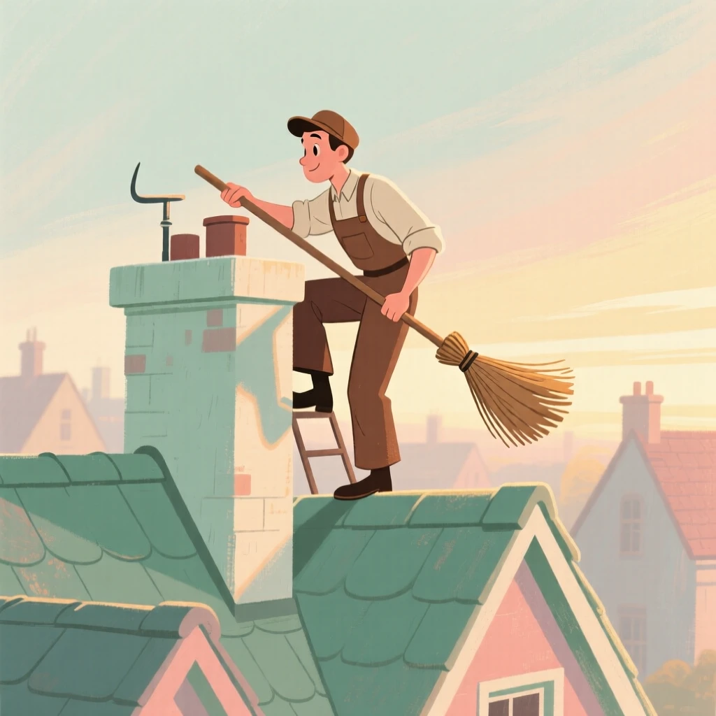 A chimney sweep climbing onto a rooftop at dawn