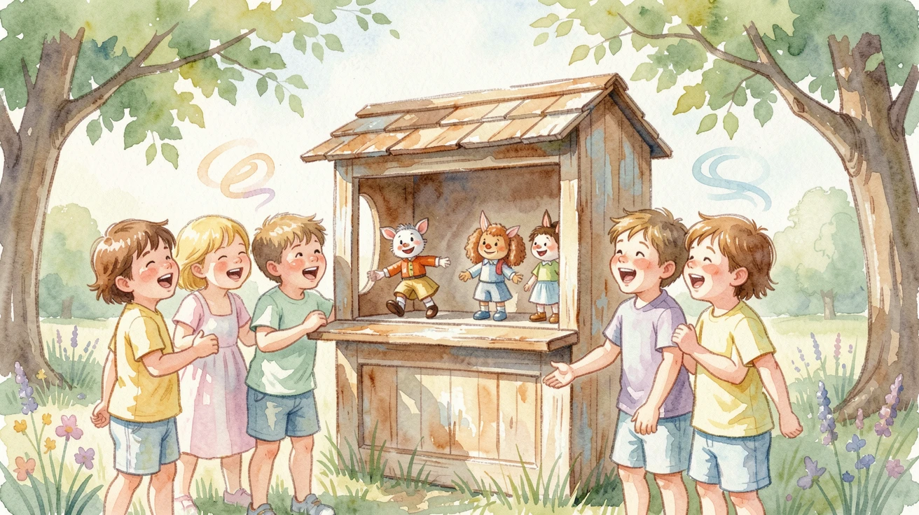 Children gathered around a puppet show with laughter filling the air.