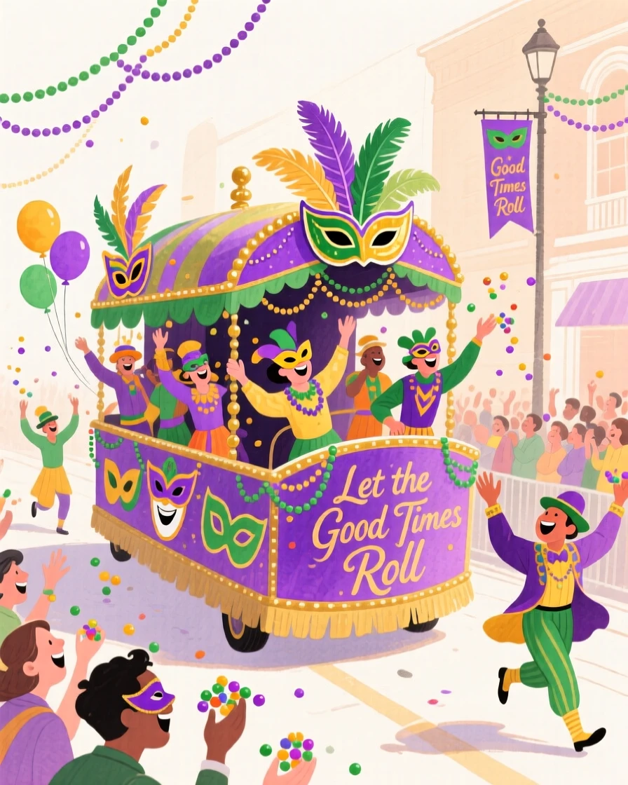A joyful scene of a Mardi Gras street parade, surrounded by colorful decorations, capturing the warmth of the celebration