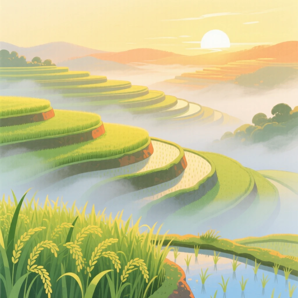 A terraced rice field at sunrise bathed in warm light under a soft blanket of fog.