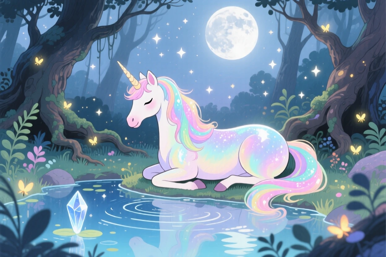A shimmering unicorn resting beside a crystal-clear pond under moonlight, in an enchanted forest at twilight, radiating gentle magic and wonder.