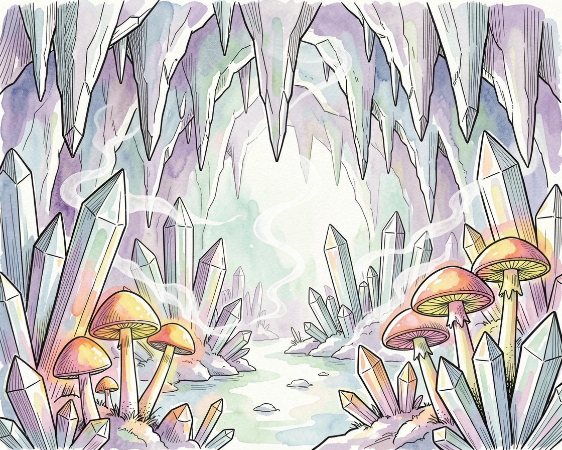 A crystal cavern lit by clusters of luminous mushrooms, swirling light and mist adding a dreamlike quality.