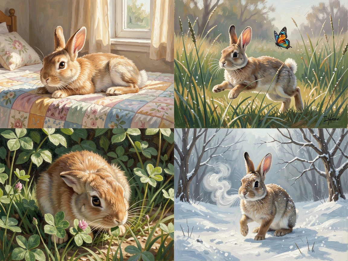 A rabbit nibbling clover in a garden, atop a soft quilt in a sun-warmed bedroom, it chasing a butterfly through the grass, on a snowy winter day, breath visible in the cold.