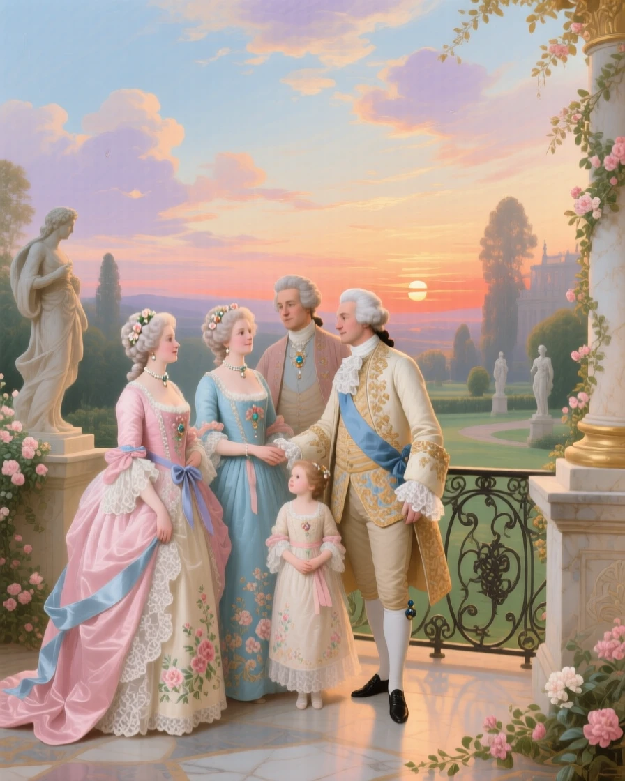 A royal family watching a sunset from an ornate terrace  