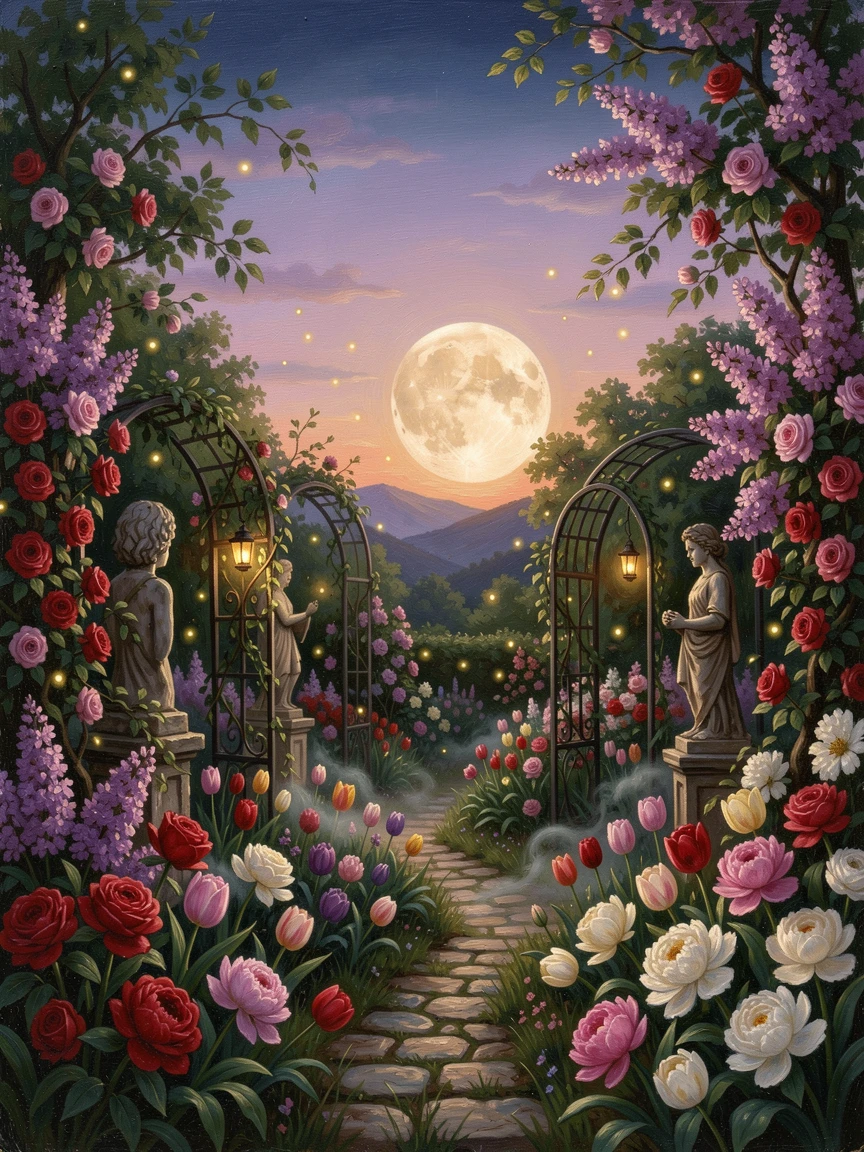 Fireflies sway gently in a garden bursting with spring color as the harvest moon rises.