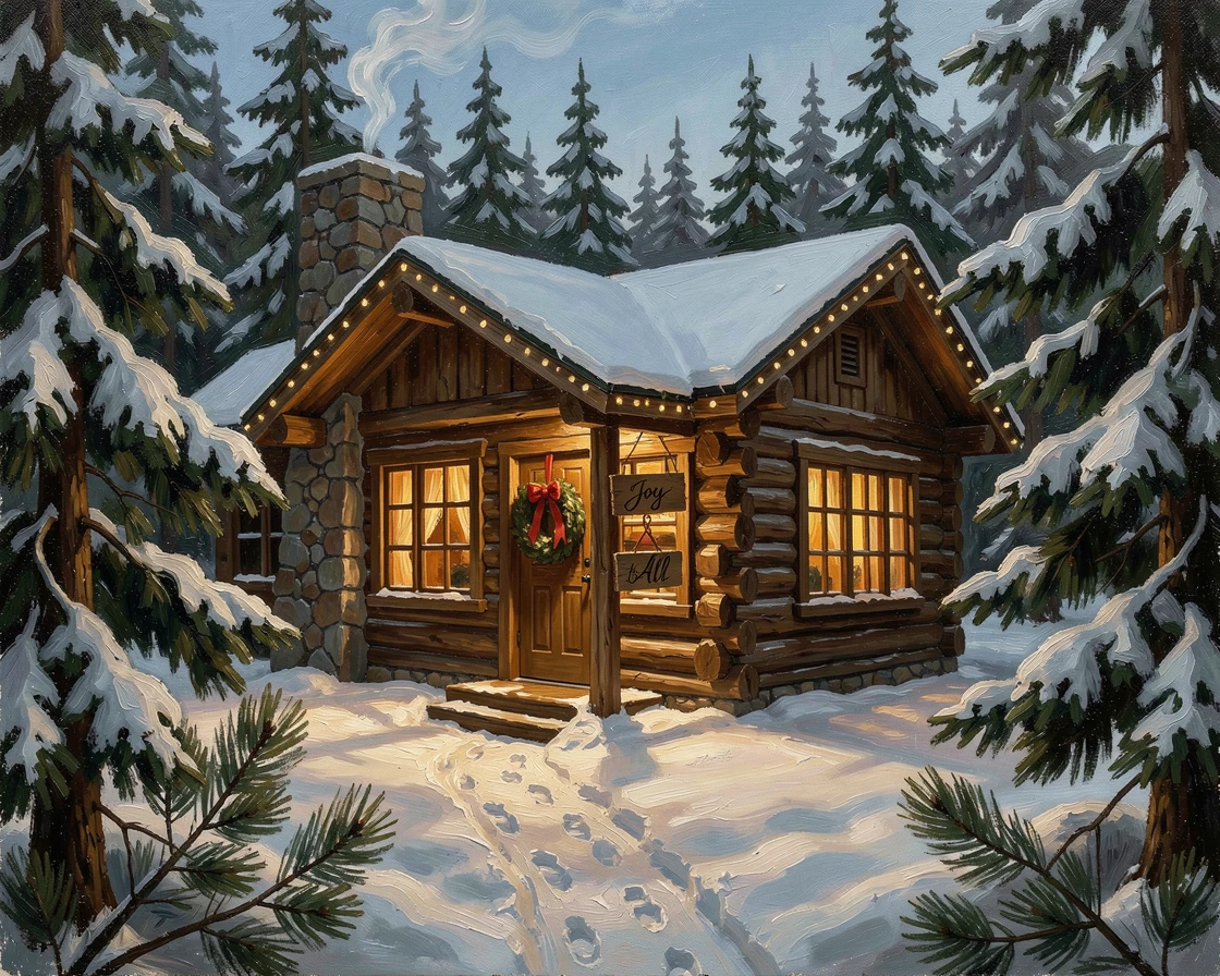 A cozy cabin glowing warmly amid a snow-covered pine forest at Christmas, as golden or twinkling light creates a magical atmosphere, designed to bring festive cheer to any home or gallery wall