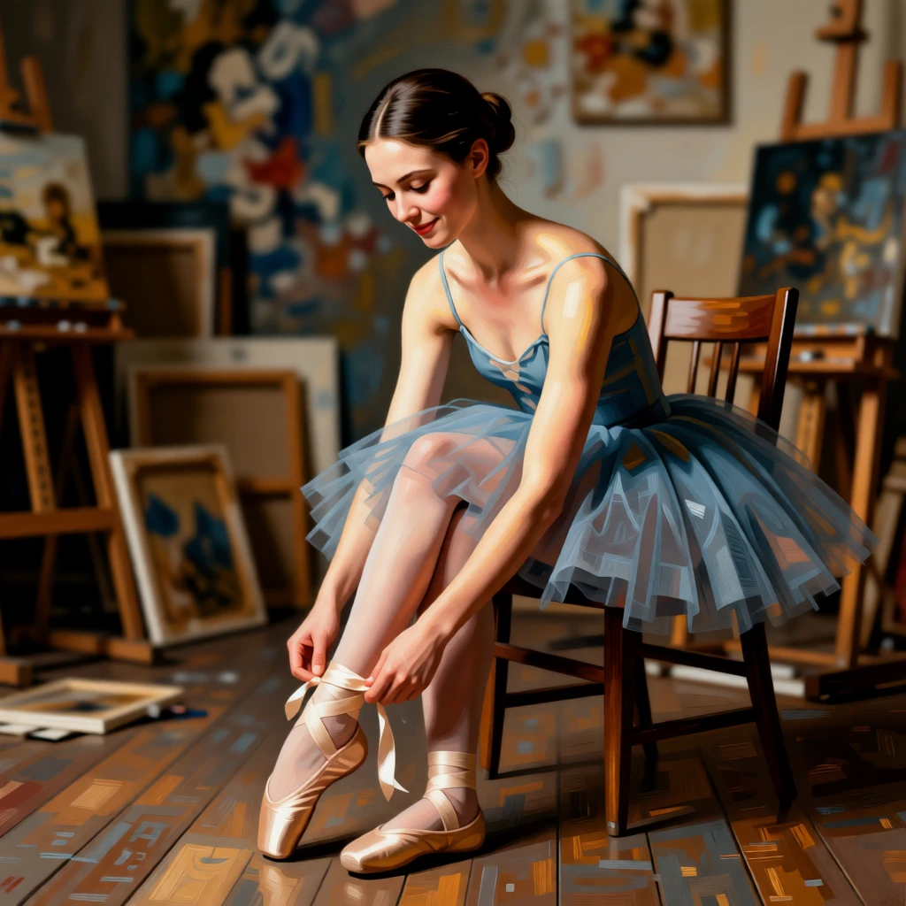 A ballerina adjusting her slipper before stepping onto the stage lost entirely in private thought, set in an artist's cluttered studio strewn with canvases, with a faint, knowing smile just touching the corner of the mouth; soft background blur isolates the sitter as the clear focal point, evoking tenderness, memory, and unspoken emotion.