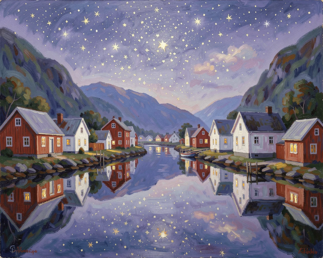 A quiet fjord village where wooden houses in red and white cluster along a mirror-still channel of water, under a canopy of stars.