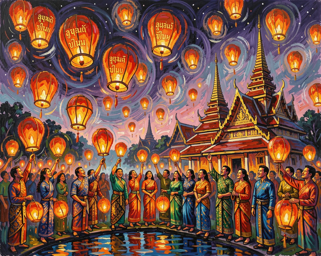 A vibrant lantern release ceremony lighting up the night sky over Chiang Mai.