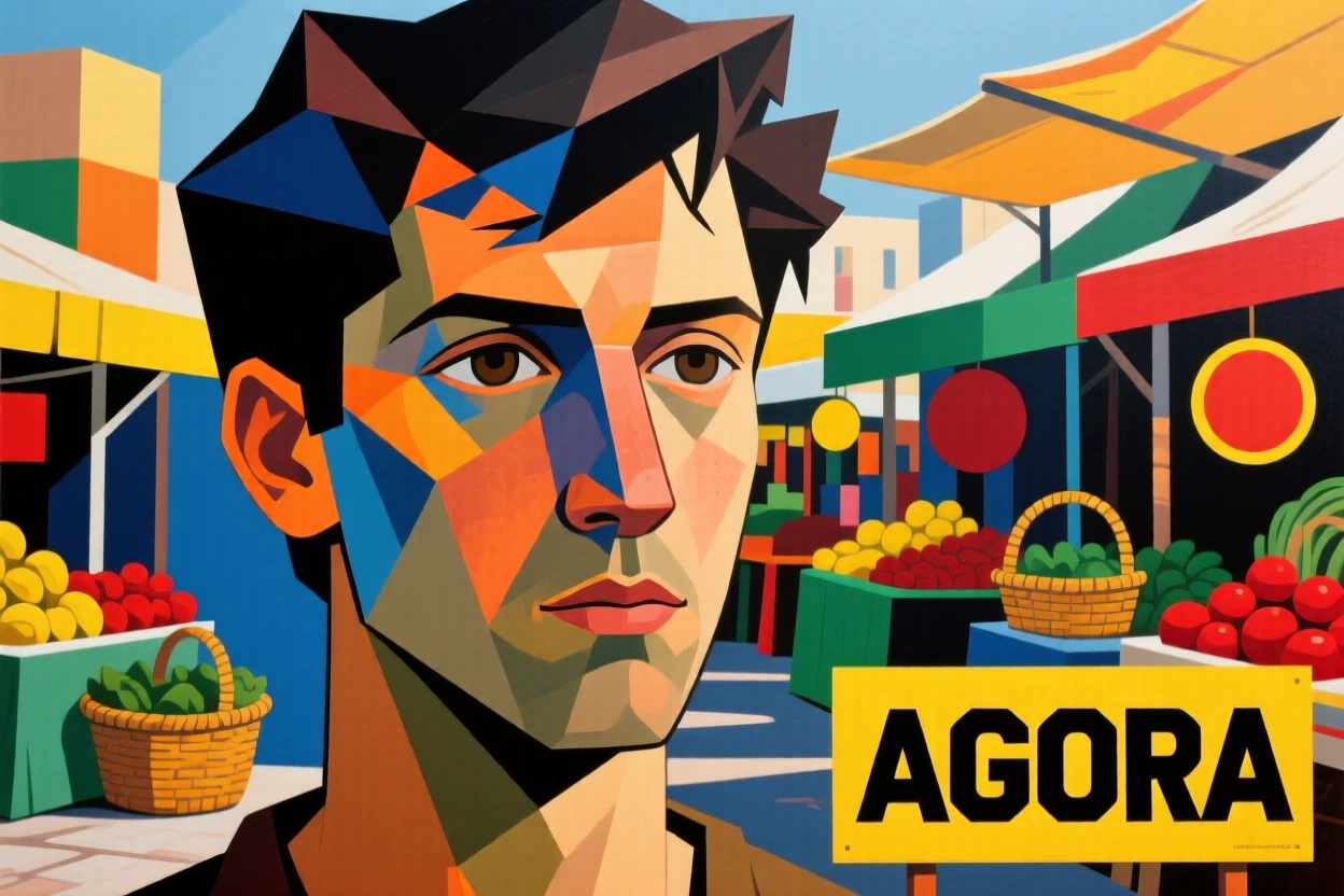 A close-up portrait of a young man of Greek heritage, radiating calm confidence, at the edge of a bustling market.