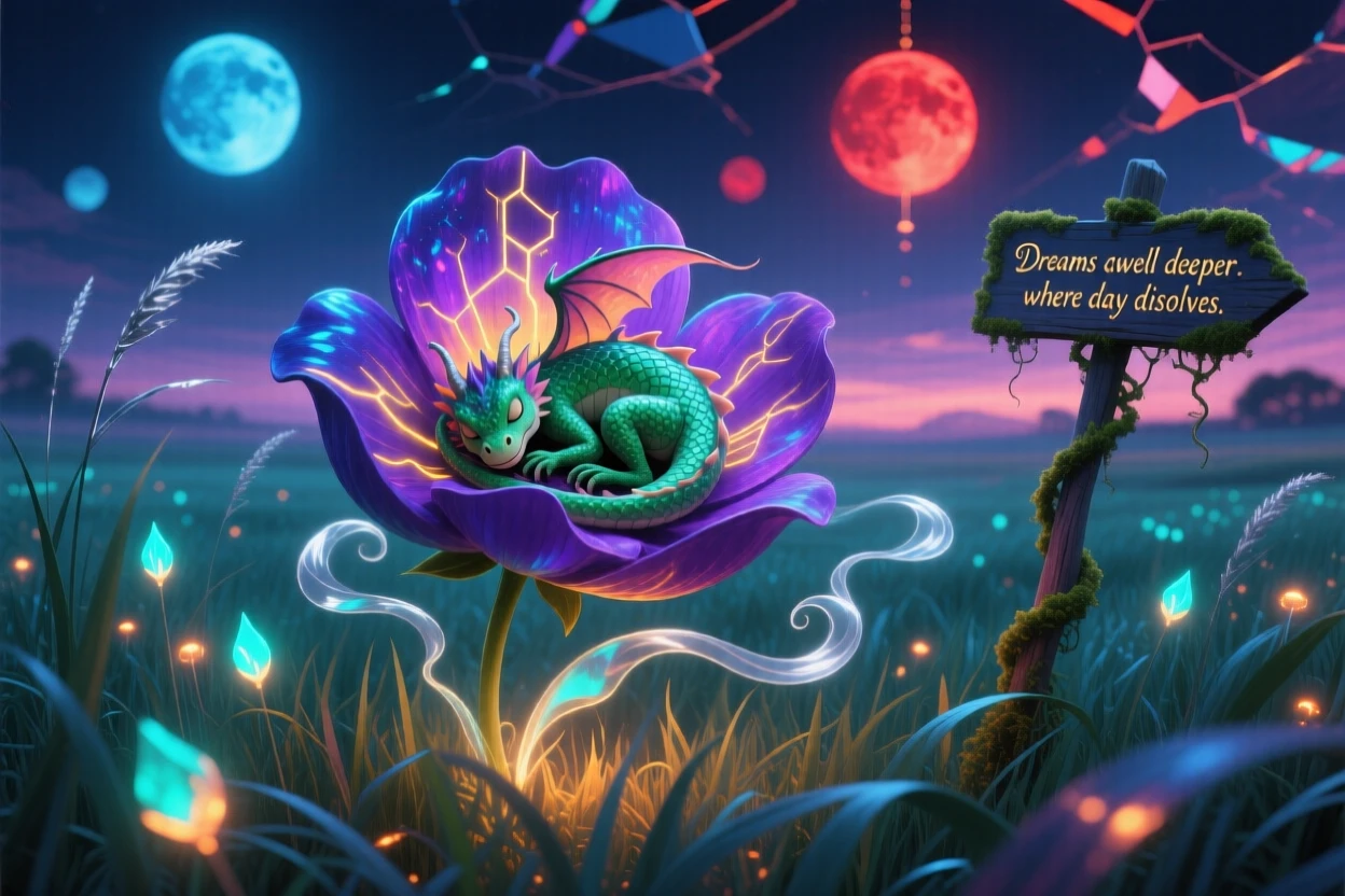 A tiny dragon curled asleep inside an open flower blossom moves gracefully through a field of tall glowing grass, while wisps of light curl gently around its form.