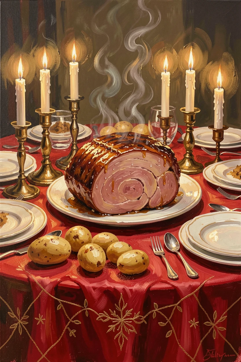 A traditional Christmas dinner spread shows a glazed ham, roasted potatoes, and glowing candles arranged on a festive red tablecloth, steam or condensation visible in small details that suggest the dish was just prepared.
