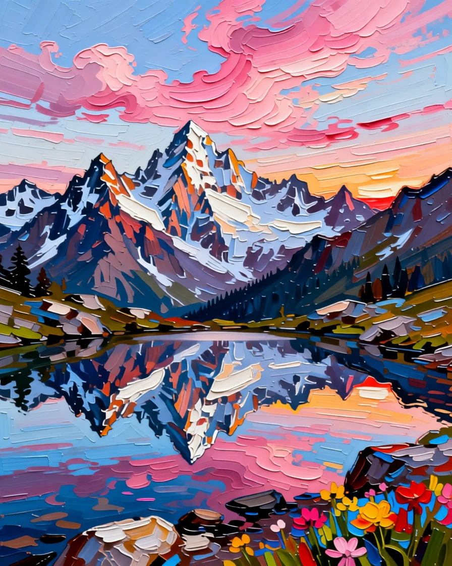 A remote alpine tarn reflecting jagged peaks under a sky streaked with pink clouds