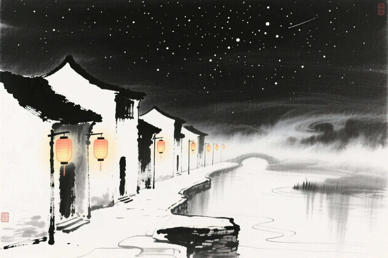 Lanterns glow warmly along a village street beneath a starlit sky, as mist rises gently from the cooling water.