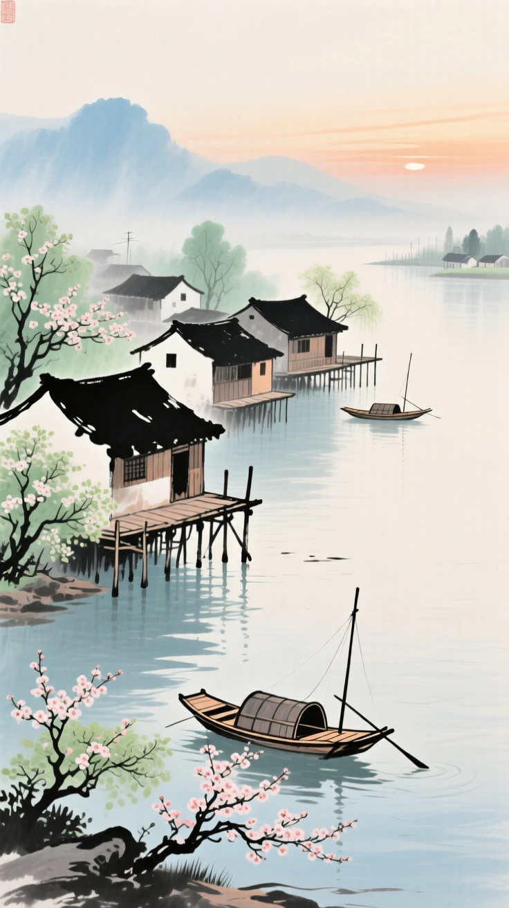 A fishing village of stilted houses along a quiet estuary, suffused with quiet joy, at dawn, as spring blossoms unfold.