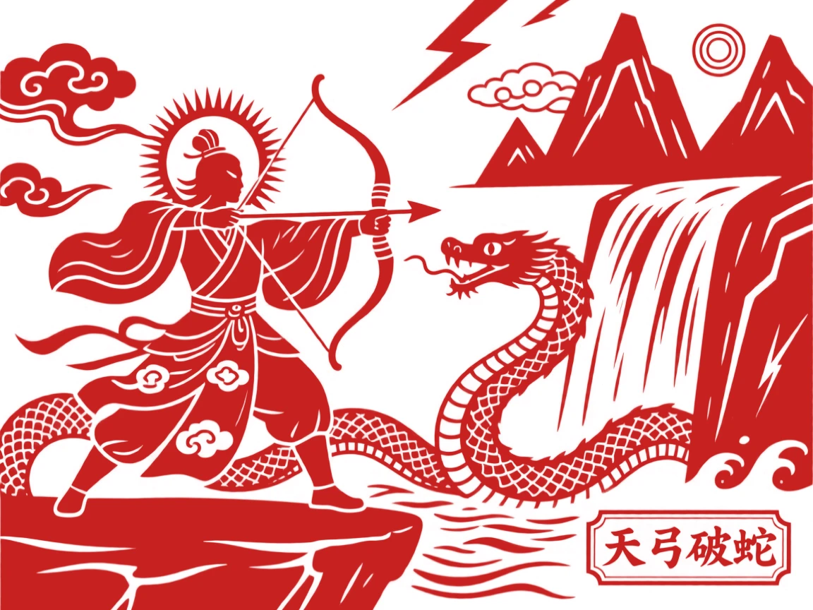 A celestial archer, battling a serpent beside a raging waterfall, as thunder rumbles across distant peaks.