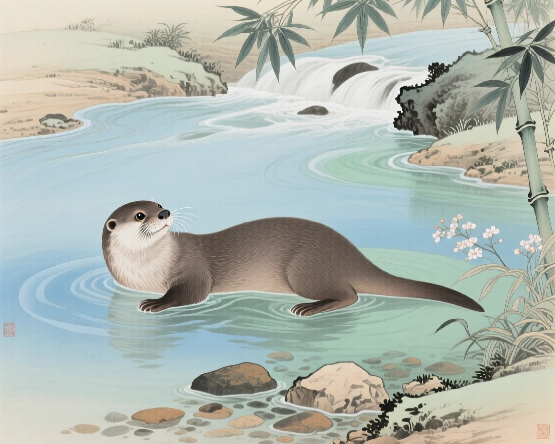 An otter floating on its back in a calm river near the mouth of a quiet mountain stream