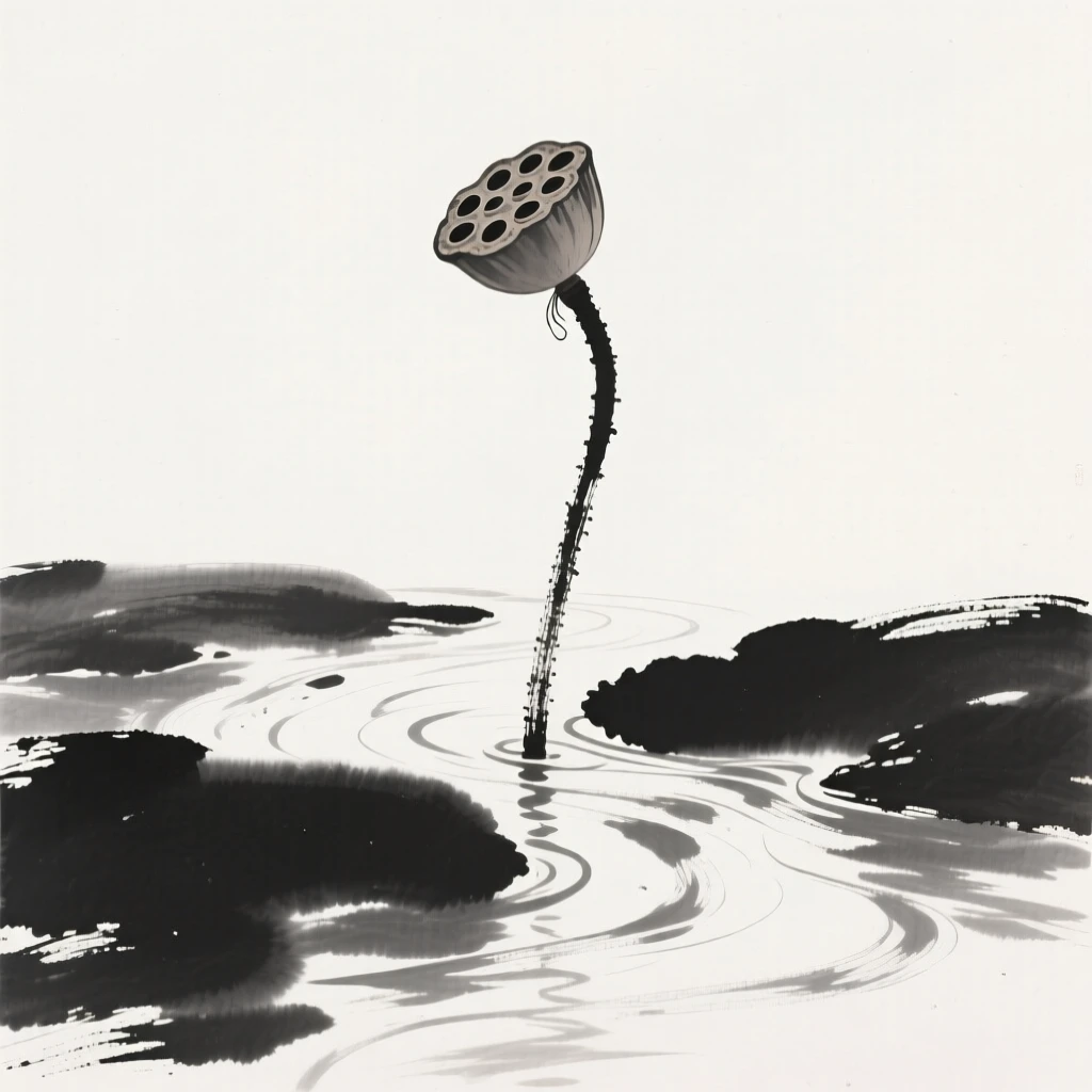 A solitary lotus pod rising above still water along the bank of a slow-moving stream, seen from a low angle looking upward, celebrating the fleeting beauty of the season.