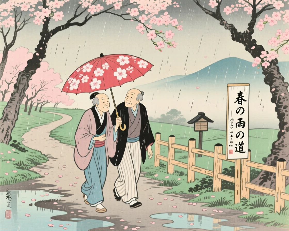 Old friends walking together through a gentle spring rain.