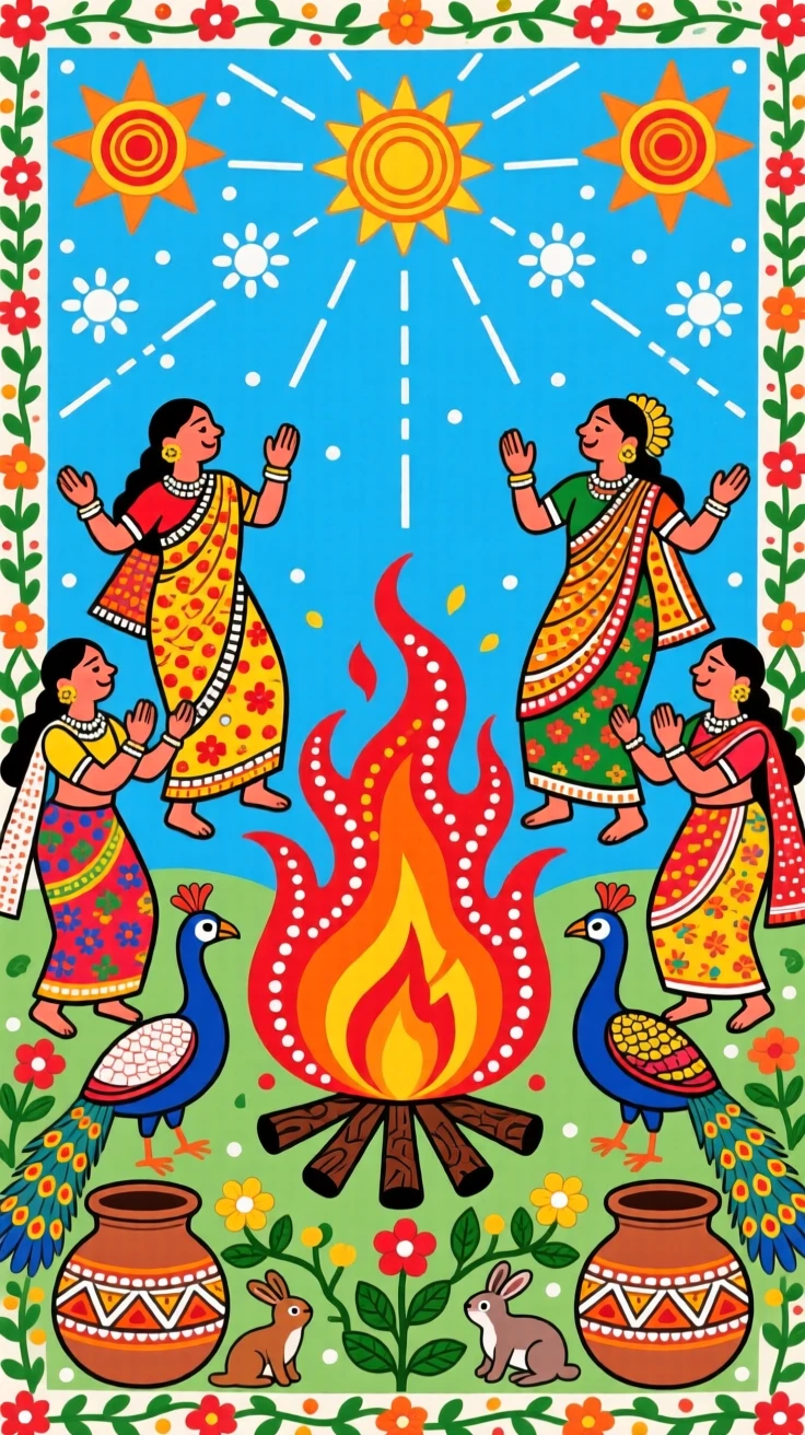 A midsummer bonfire celebration beneath a sky of endless daylight.