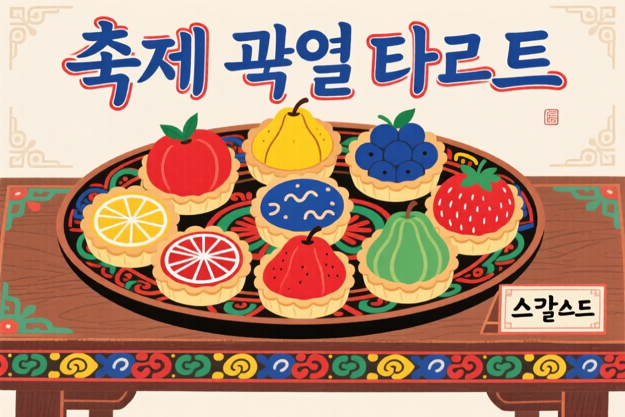 A tray of colorful fruit tarts arranged for a festival table.
