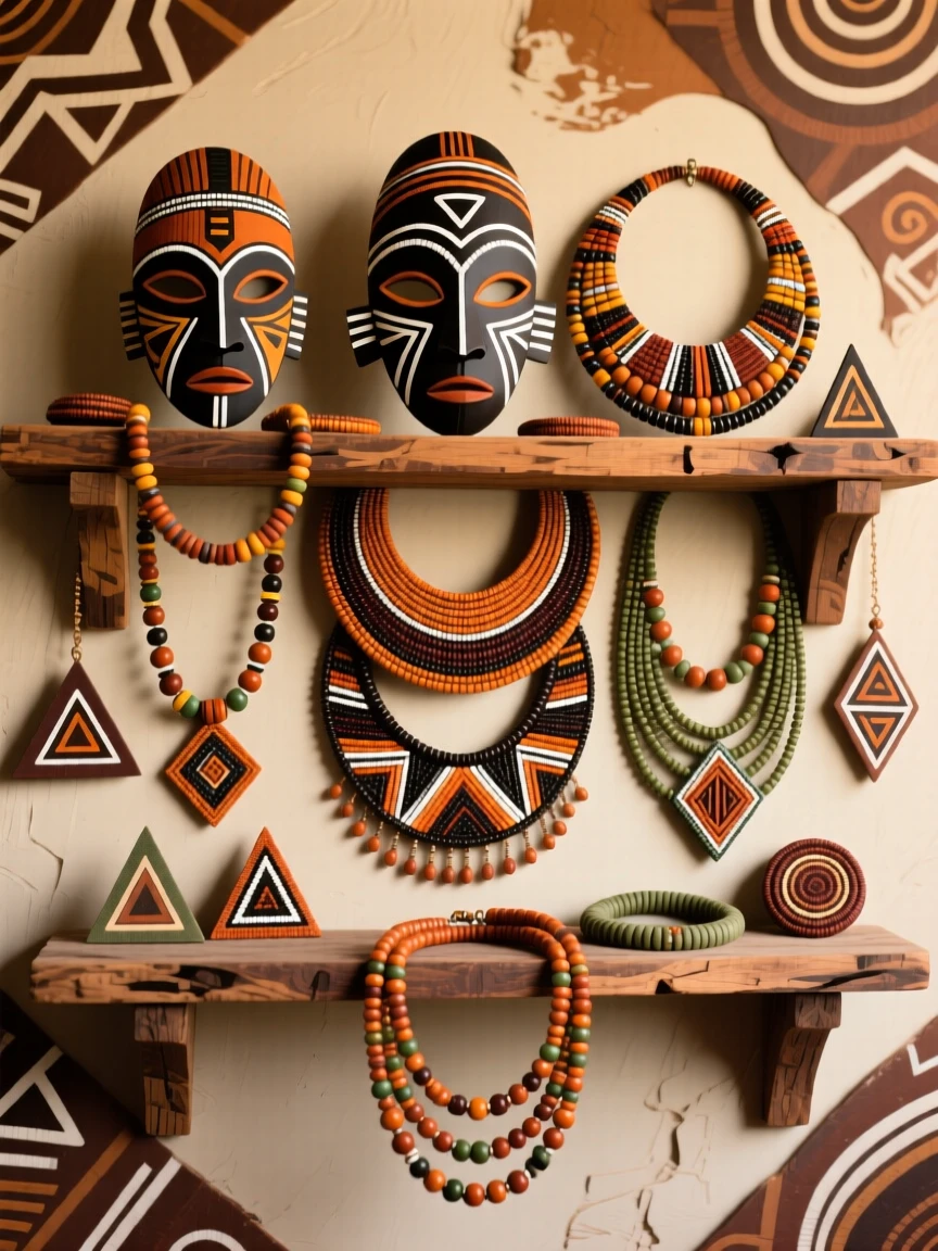 A display of beaded necklaces arranged on a wooden shelf.