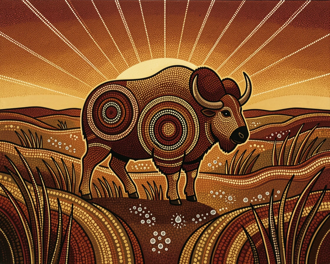 A musk ox crossing an open grassland at dawn