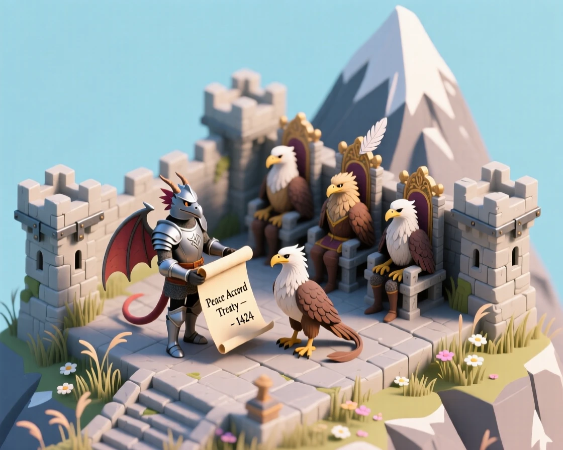A dragon knight duo negotiating peace with a griffin council atop a windswept mountain fortress.