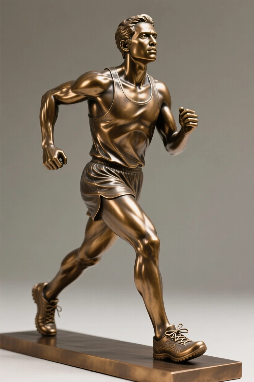A determined marathon runner, with a serene, contemplative gaze, forming a strong central focal point