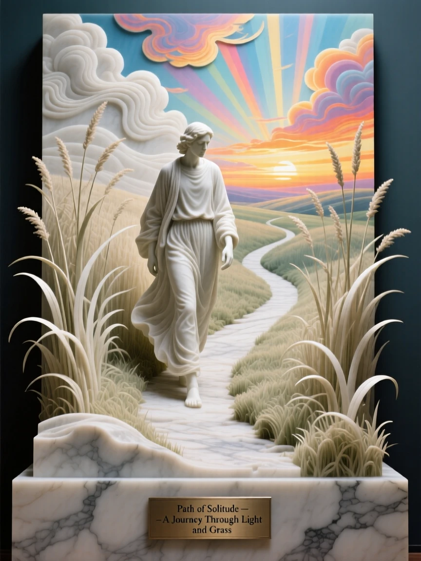 A vivid, emotionally rich scene of a lone wanderer walking a path through tall grass, under a brilliant, colorful sky, designed to captivate and inspire
