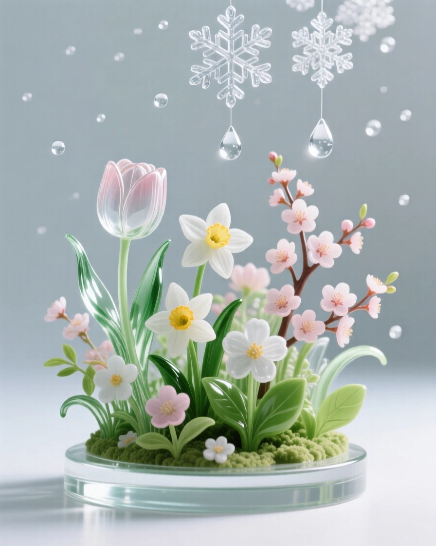 A garden bursting into bloom on the first day of spring, beneath a sky filled with gently falling snow