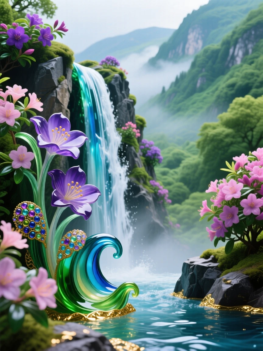 A grand waterfall framed by blooming rhododendrons in a misty highland valley, lush and vivid.