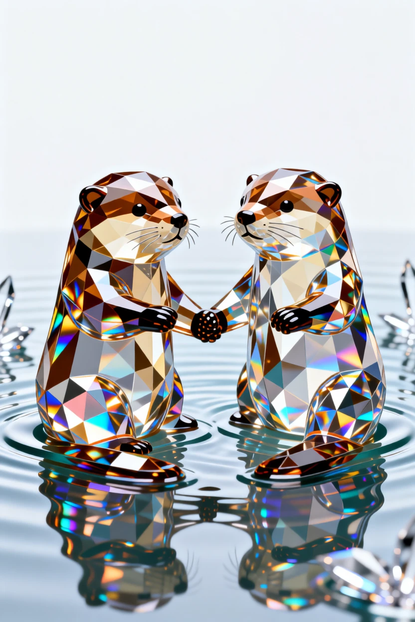 A pair of baby otters holding hands while floating together in a calm pond.
