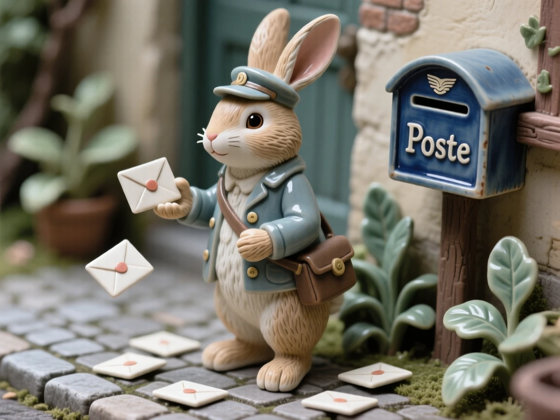 A rabbit postman delivering tiny letters captured in a charming, storybook moment, set within a cozy, detailed miniature world, radiating coziness and storybook charm.
