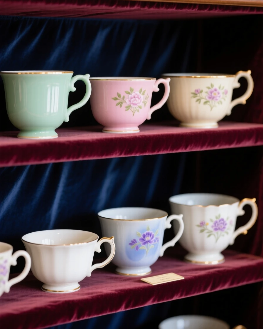 A collection of vintage teacups arranged on a velvet-lined shelf, forming a harmonious, elegant composition.