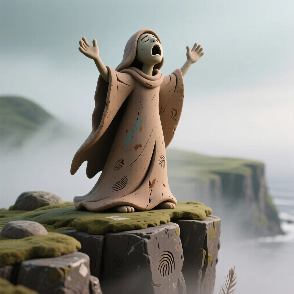 A banshee's silhouette wailing atop a misty Irish cliff