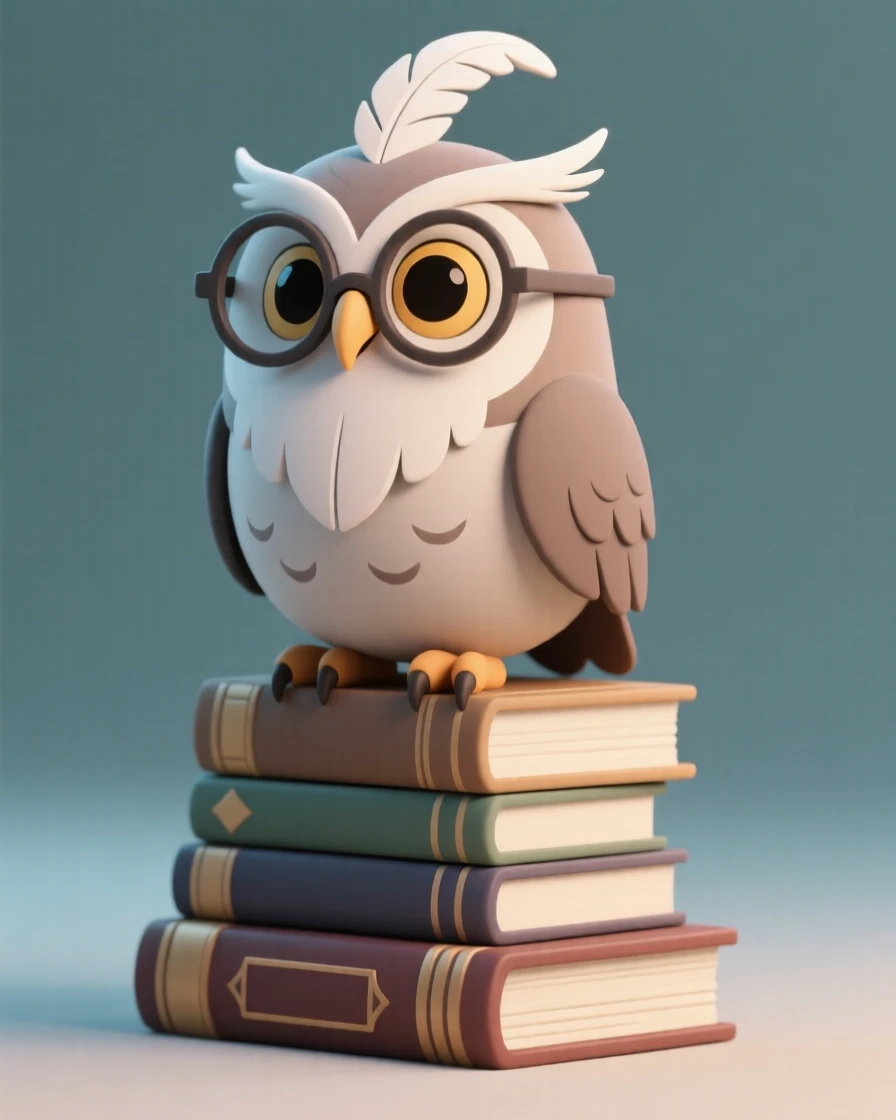 A wise old wizard owl perches on a stack of ancient books, spectacles balanced on its feathered beak.