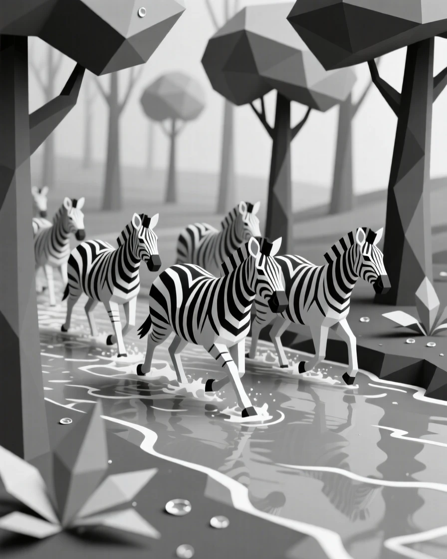 A zebra herd crossing a shallow river, in a quiet, dew-covered forest. the composition centers the subject with a shallow depth of field. A feeling of serenity washes over the moment.