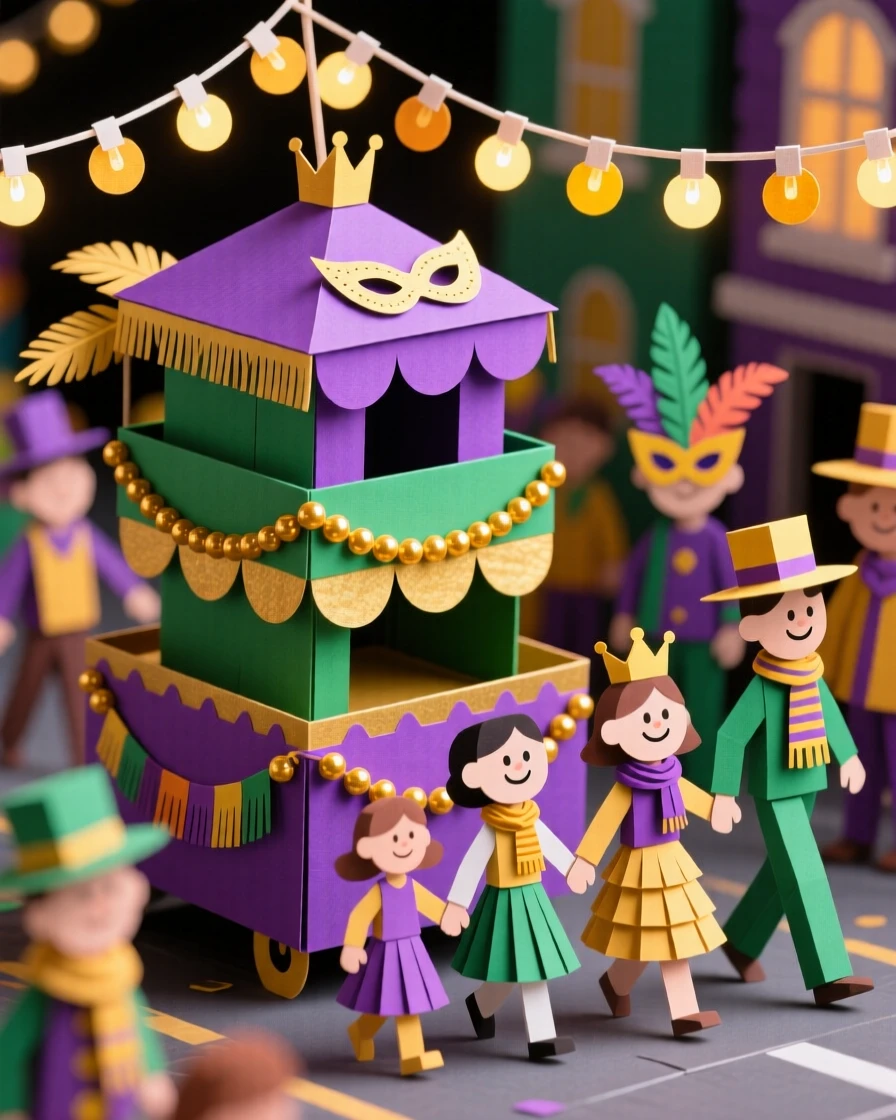 A lively Mardi Gras parade decorated with warm twinkling lights, with family gathered warmly together, evoking festive warmth and joy.
